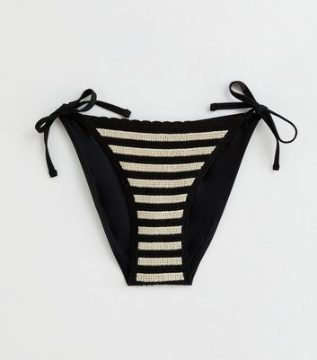 Black Stripe Crochet Tie Side Bikini Bottoms New Look