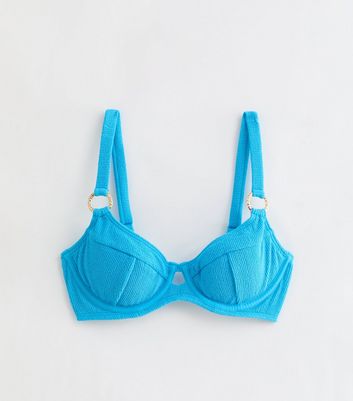 Blue Crinkle Textured Underwired Bikini Top New Look