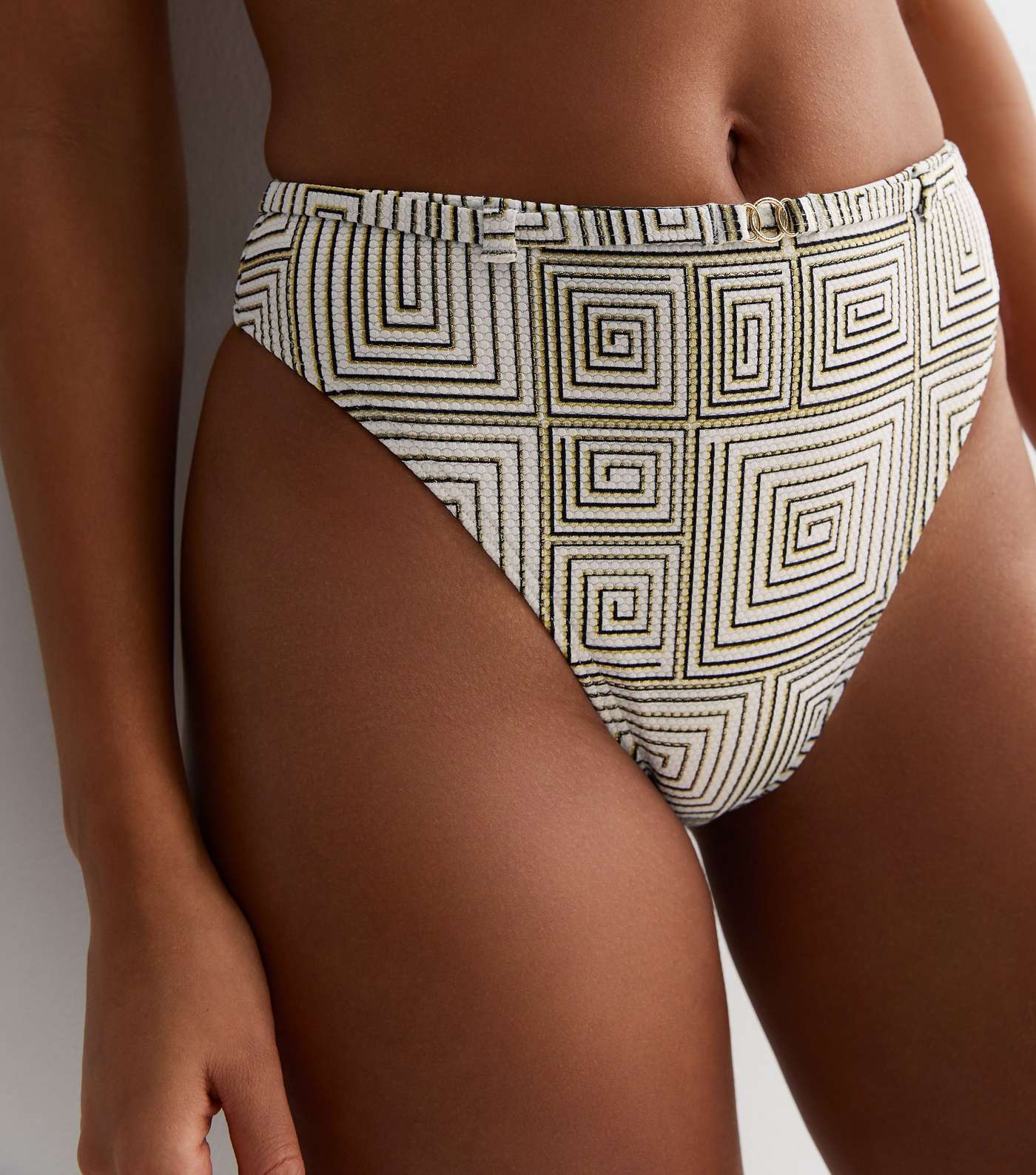 White Metallic Geometric Print High Waist and Leg Bikini Bottoms Image 2