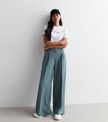 And You high waisted pleat front wide leg trouser jeans top blue small