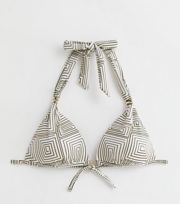 White Metallic Geometric Print Moulded Triangle Bikini Top New Look