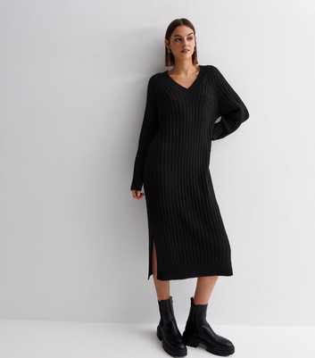 Black Ribbed Knit Split Hem Midi Dress