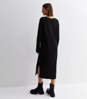 Black Ribbed Knit Split Hem Midi Dress New Look