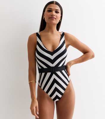 Black Illusion Stripe Belted Swimsuit