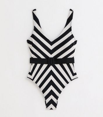 Black Illusion Stripe Belted Swimsuit New Look