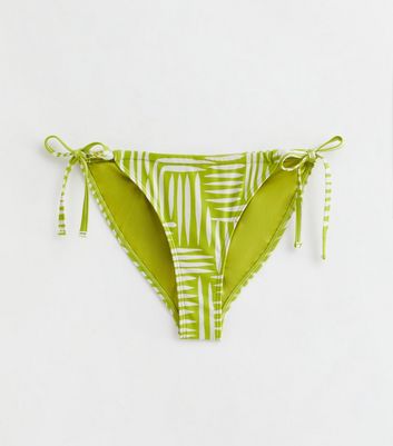 Green Palm Leaf Print Tie Side Bikini Bottoms New Look