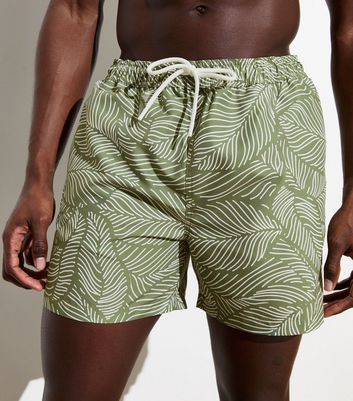 Men's Light Green Leaf Print Drawstring Swim Shorts New Look