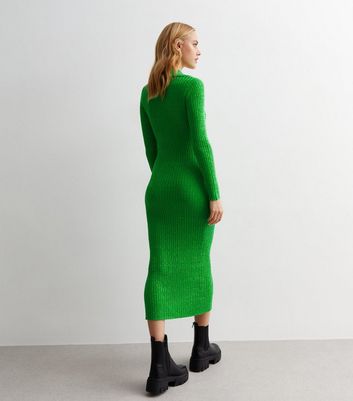 Urban Bliss Green Ribbed Knit Collared Midi Dress New Look
