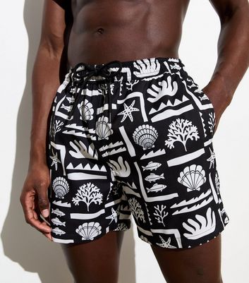 Black Shell Print Drawstring Swim Shorts | New Look