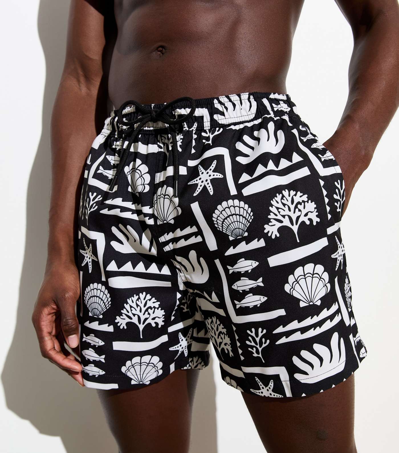 Black Shell Print Drawstring Swim Shorts Image 2
