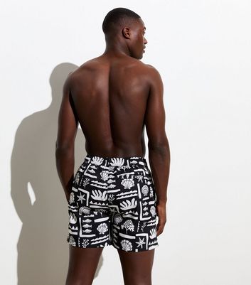 Black Shell Print Drawstring Swim Shorts | New Look