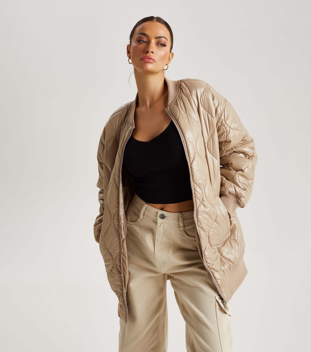 Women's Camel Quilted Long Bomber Jacket Urban Bliss New Look