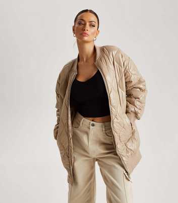 Urban Bliss Camel Quilted Long Bomber Jacket