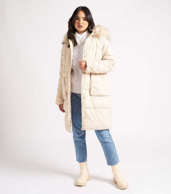 Urban Bliss Off White Faux Fur Hooded Puffer Coat New Look