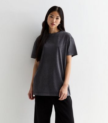 Wrenpies Women's Oversized Vintage Tee - Acid Wash Light Gray Cotton Boyfriend T-Shirt (Large)