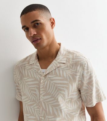 Men's Stone Linen Blend Palm Tree Print Shirt New Look