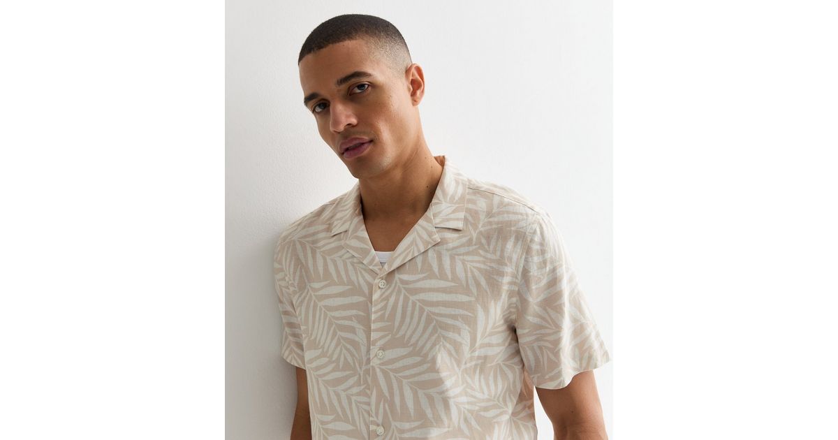 Stone Linen Blend Palm Tree Print Shirt | New Look