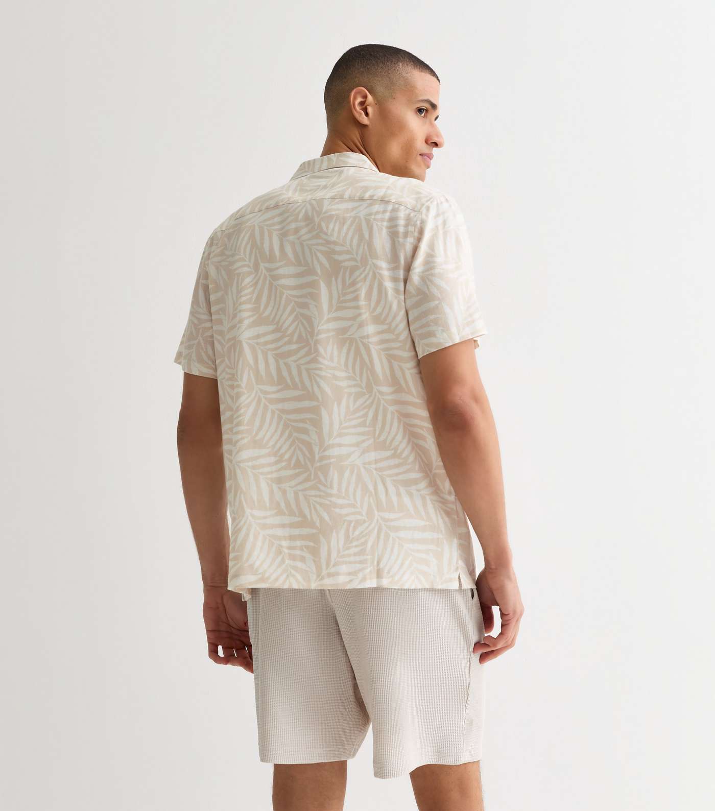 Stone Linen Blend Palm Tree Print Shirt Image 4