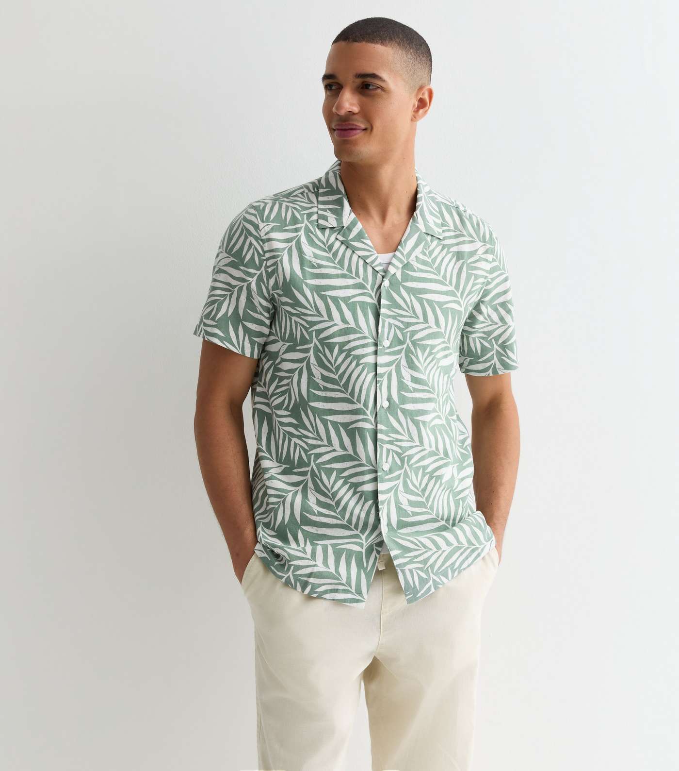 Khaki Linen Blend Palm Tree Print Shirt Image 2