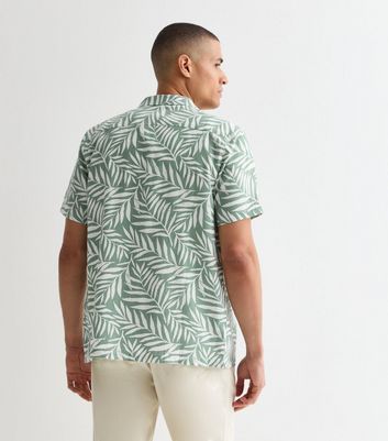 Men's Khaki Linen Blend Palm Tree Print Shirt New Look