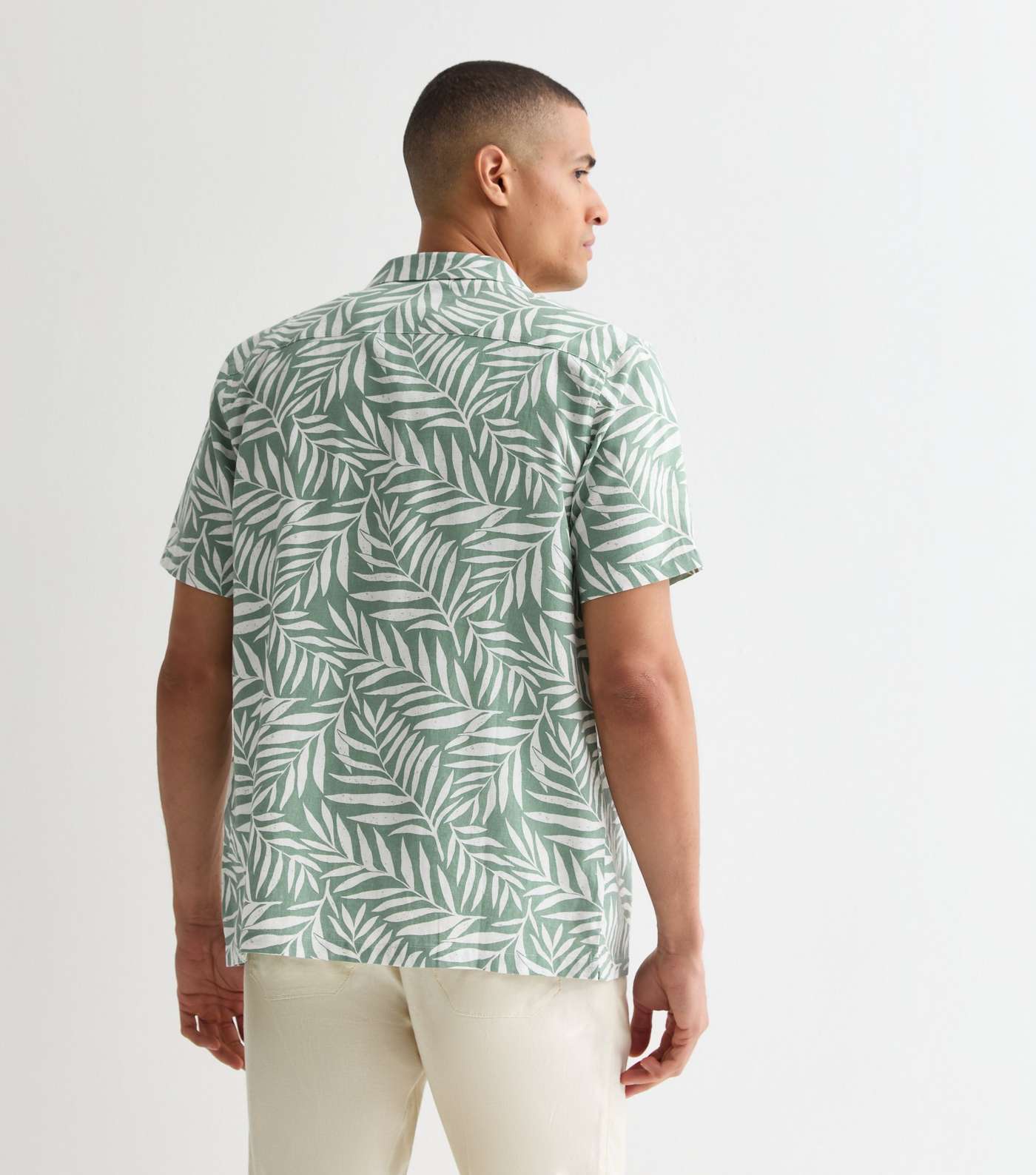 Khaki Linen Blend Palm Tree Print Shirt Image 4