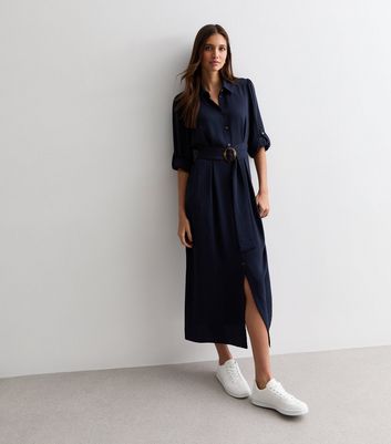 Navy Belted Midi Shirt Dress New Look