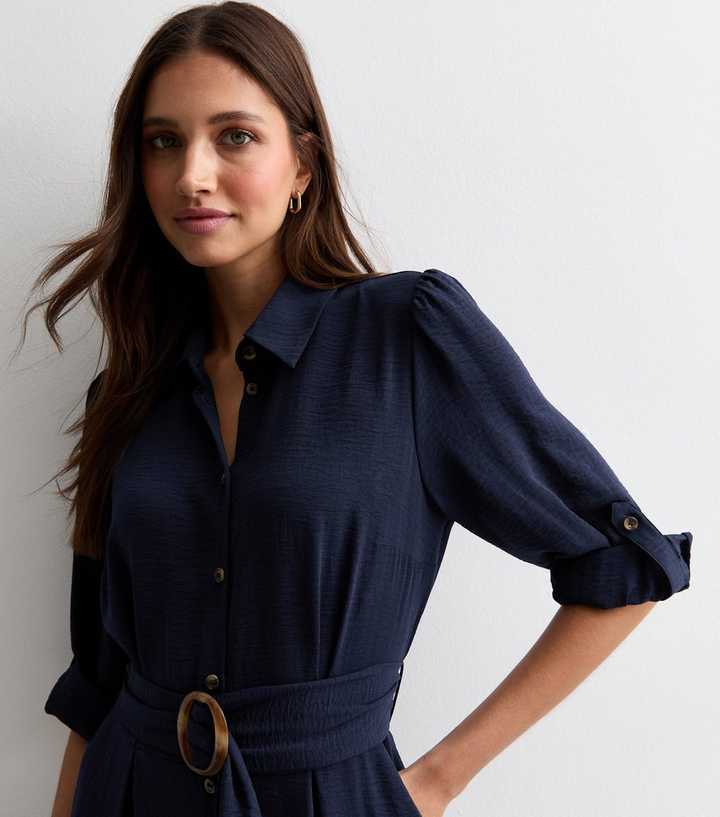 Navy Belted Midi Shirt Dress