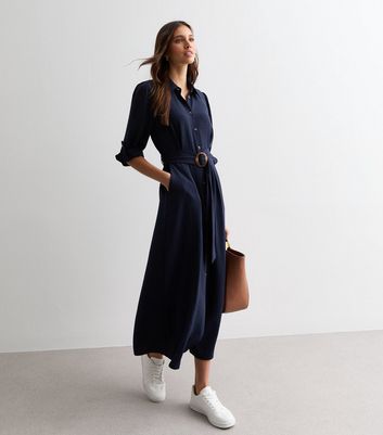 Navy Belted Midi Shirt Dress New Look