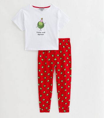 Girls White Christmas Family Pyjama Jogger Set with Sprout Print New Look