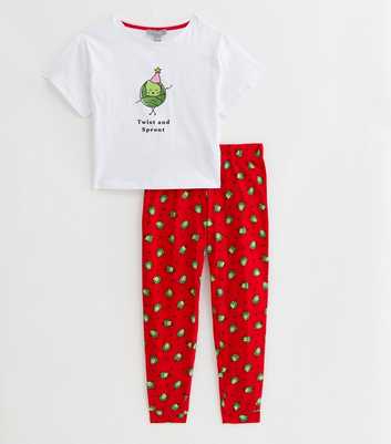 Girls White Christmas Family Pyjama Jogger Set with Sprout Print