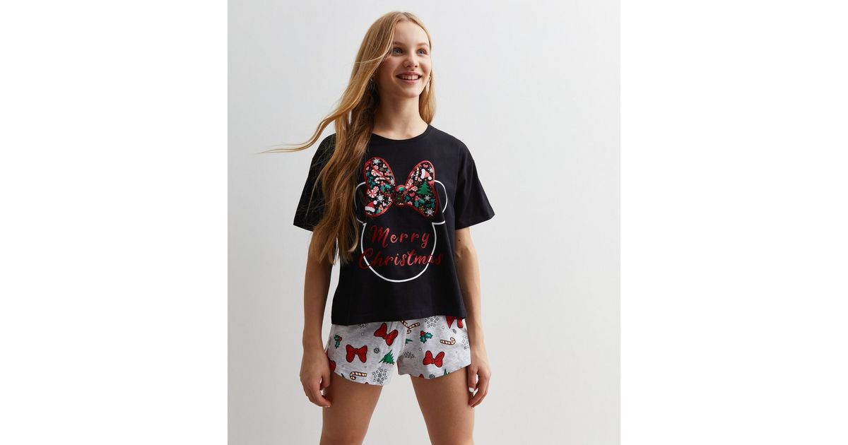 Girls Black Short Pyjama Set with Disney Christmas Minnie Mouse Print