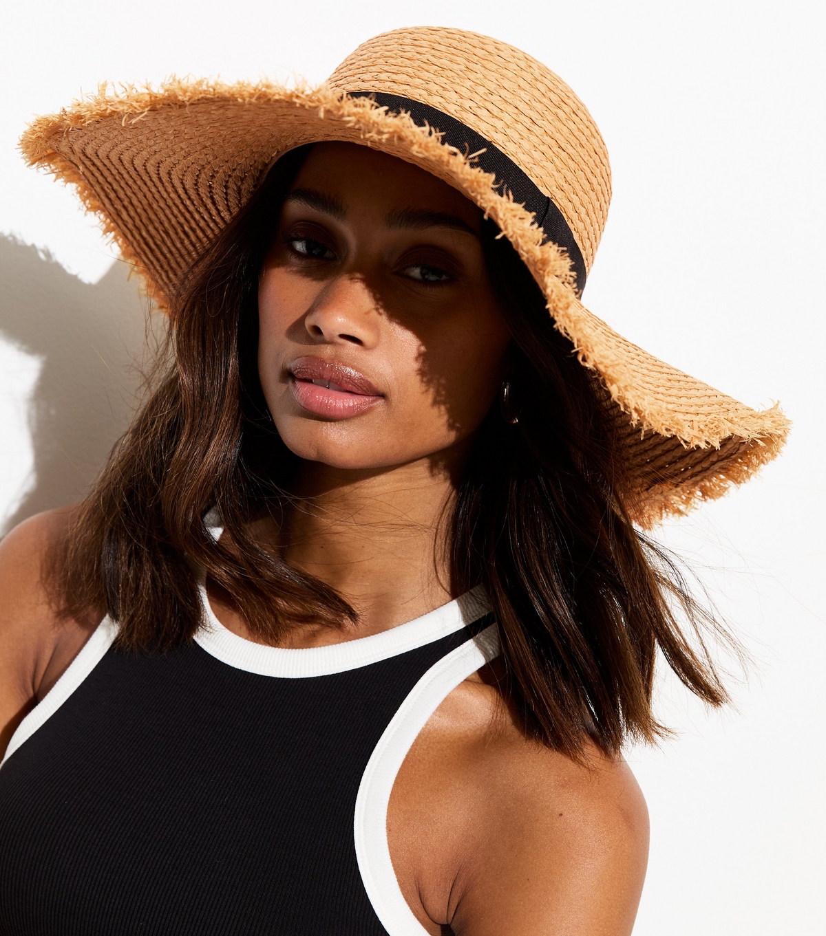 Tan Straw Effect Frayed Floppy Hat New Look