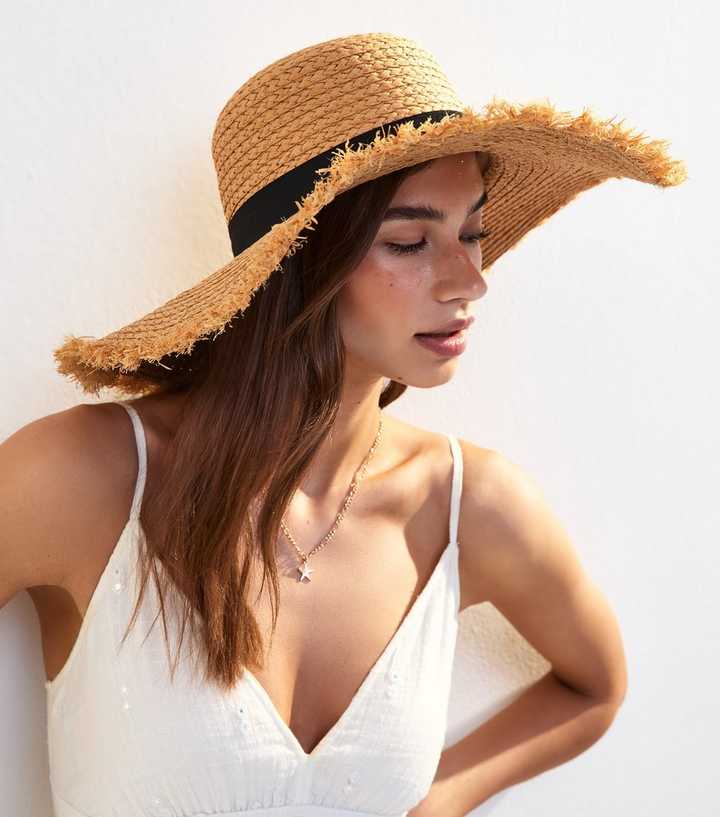 Tan Straw Effect Frayed Floppy Hat