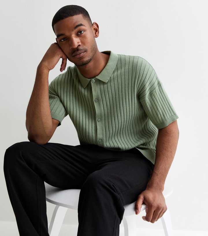 Light Green Ribbed Knit Button Front Relaxed Fit Shirt New Look