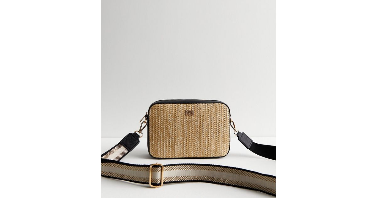 Black Trim Raffia Camera Cross Body Bag New Look