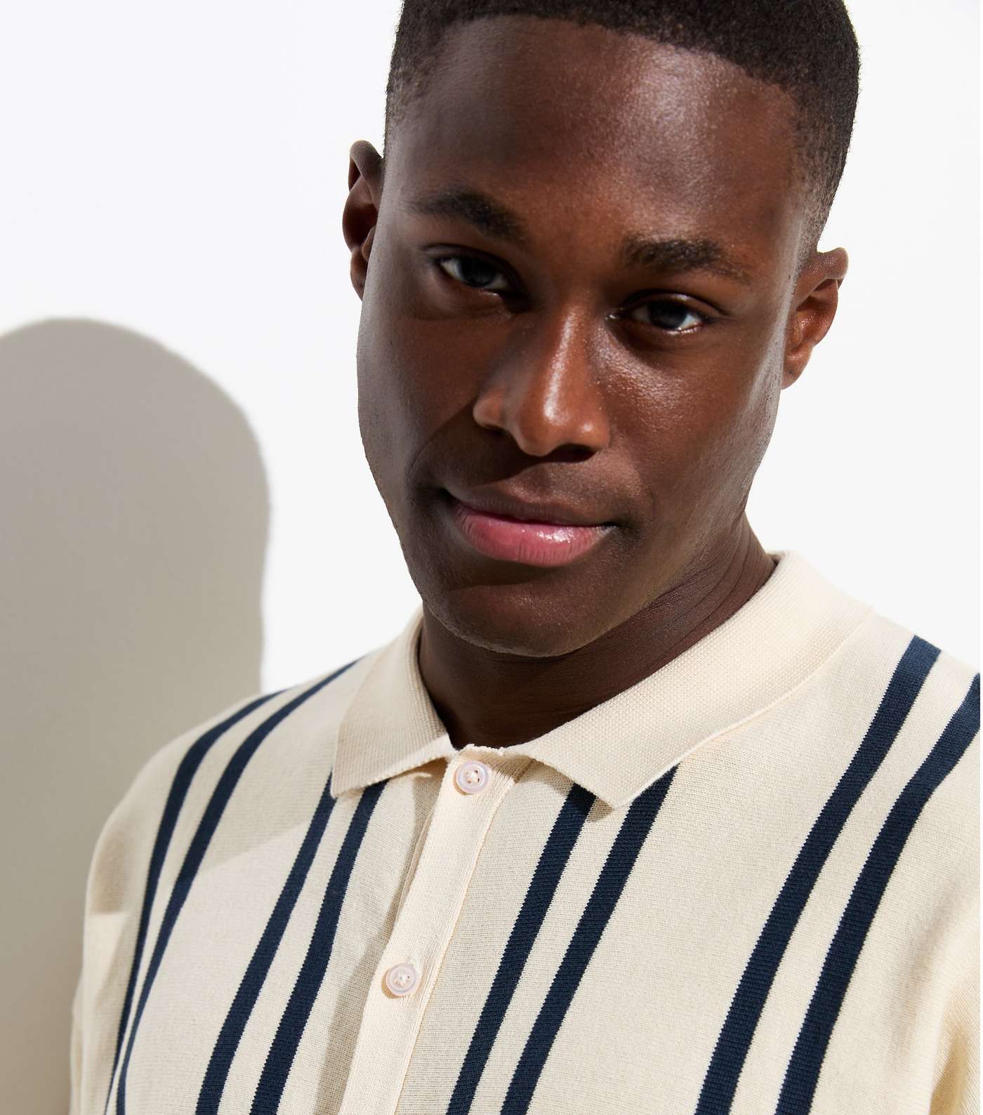 Navy Stripe Textured Button Up Polo Shirt Image 2