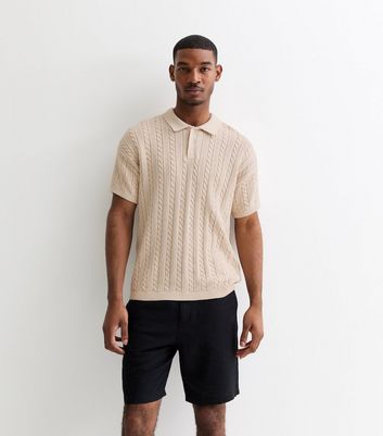 Off White Cable Knit Relaxed Fit Short Sleeve Polo Top | New Look