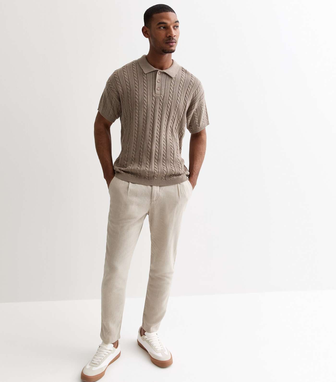 Light Brown Cable Knit Short Sleeve Polo Top Image 3