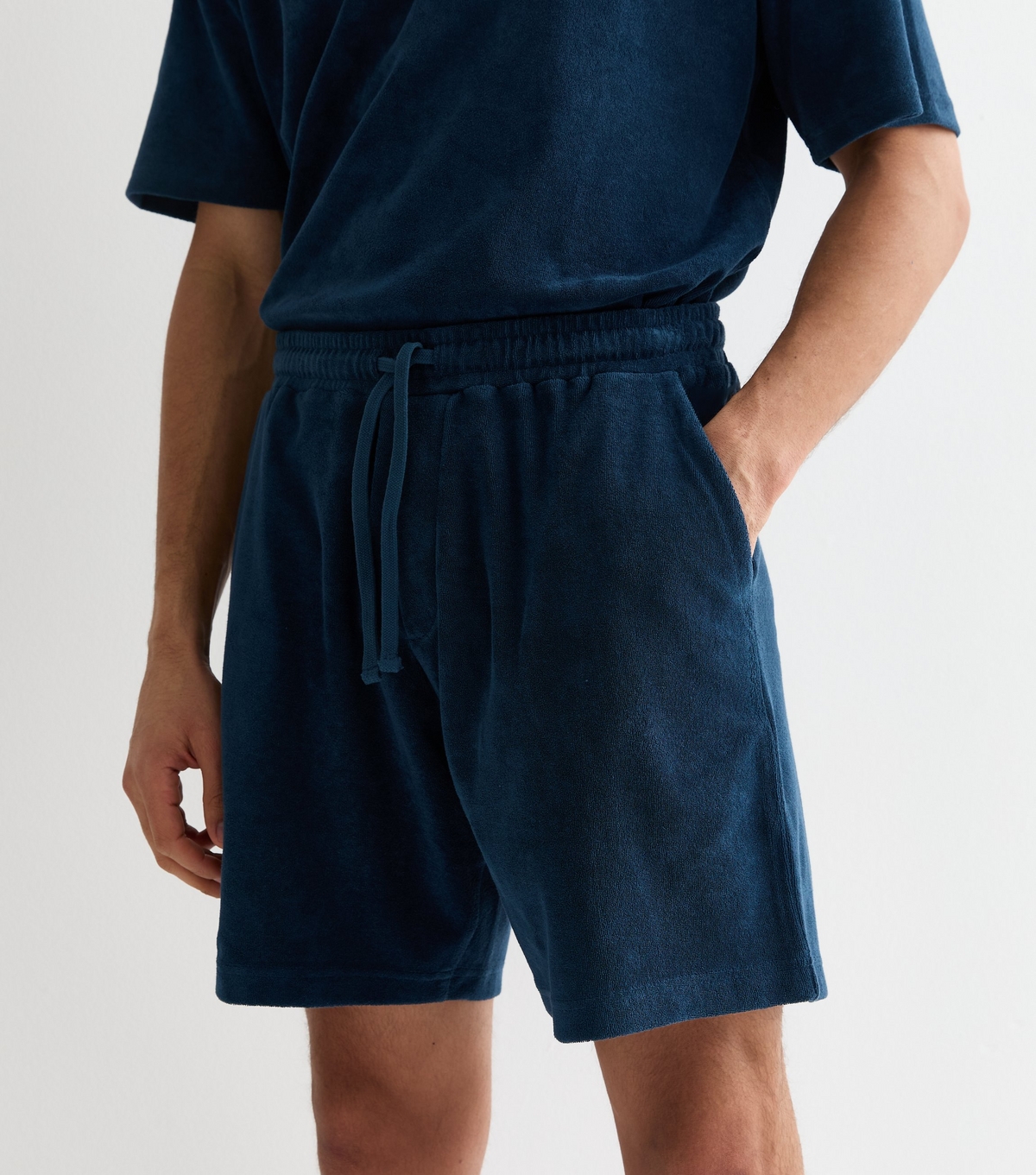 Men's Navy Relaxed Fit Drawstring Towelling Shorts New Look