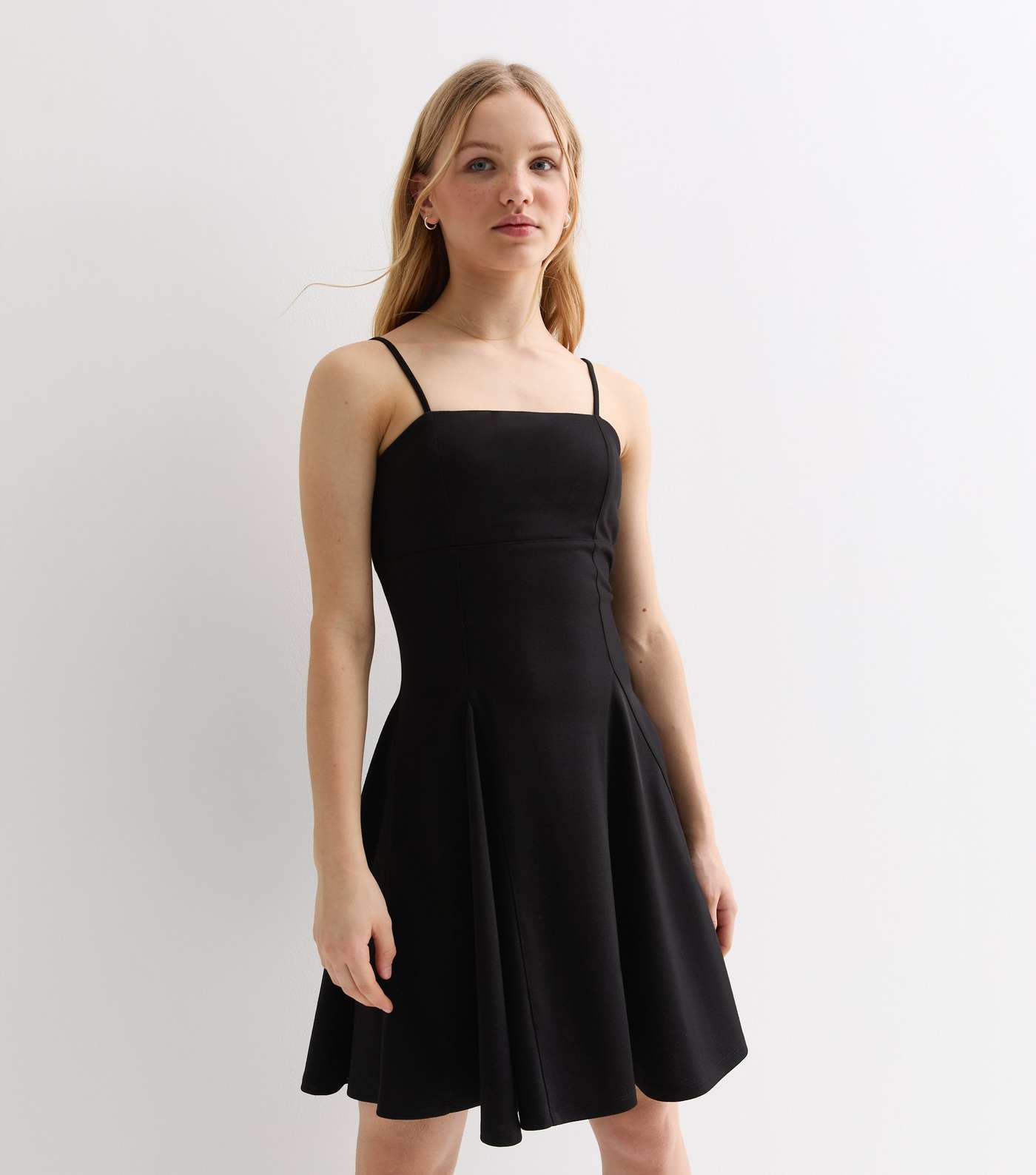 Girls Black Ponte Strappy Square Neck Mini Dress Image 3