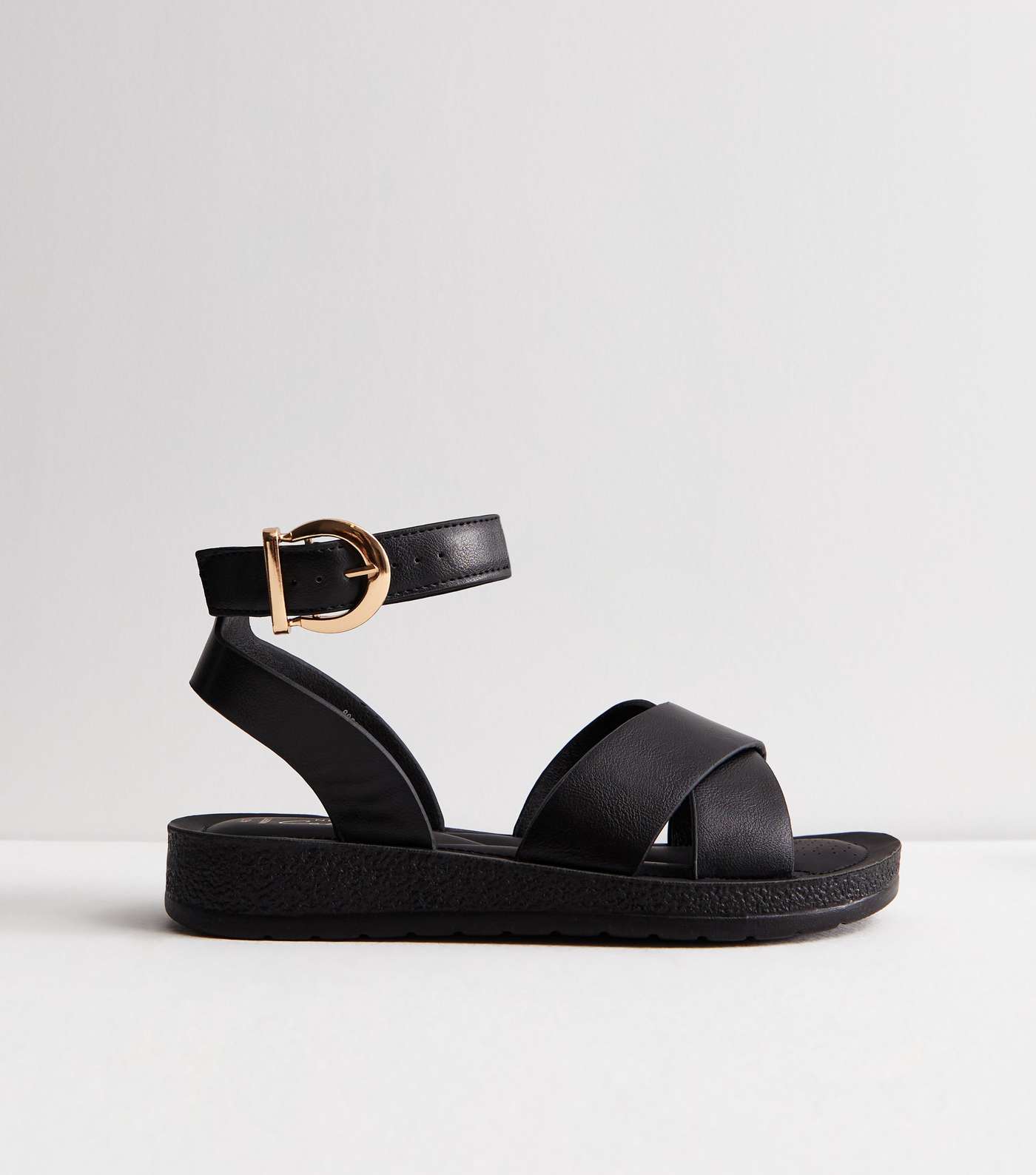 Wide Fit Black Leather-Look 2 Part Chunky Sandals Image 2