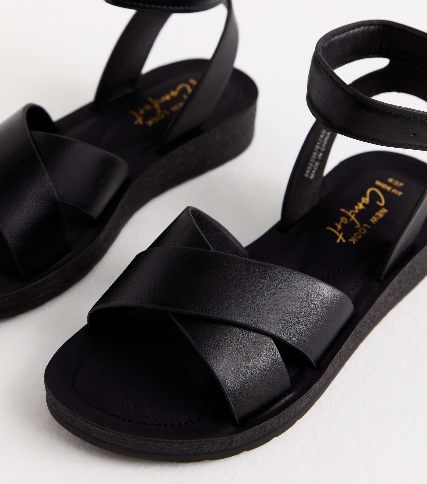 Wide Fit Black Leather-Look 2 Part Chunky Sandals Image 4