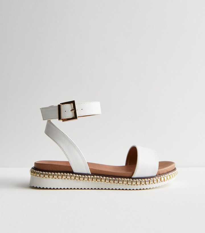 Wide Fit White Leather-Look 2 Part Gold Trim Sandals