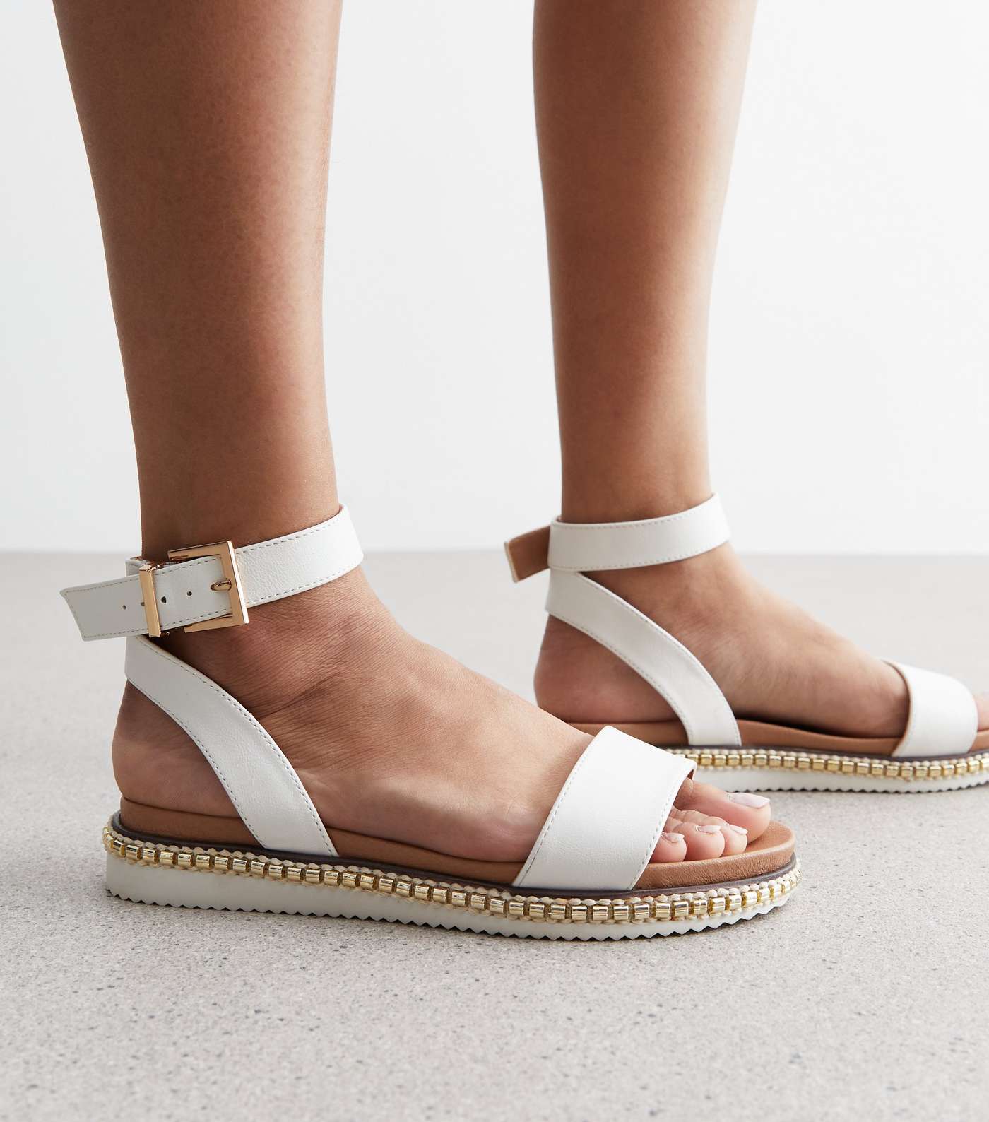 Wide Fit White Leather-Look 2 Part Gold Trim Sandals Image 2