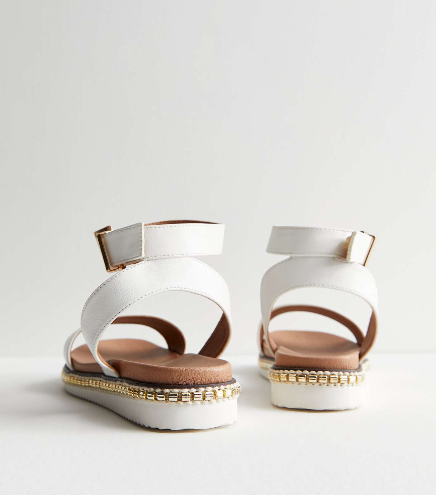 Wide Fit White Leather-Look 2 Part Gold Trim Sandals Image 4