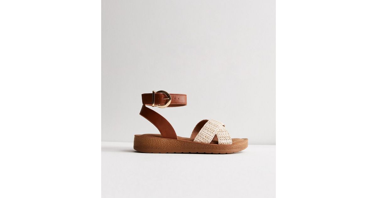 Wide Fit Tan Raffia 2 Part Chunky Sandals | New Look