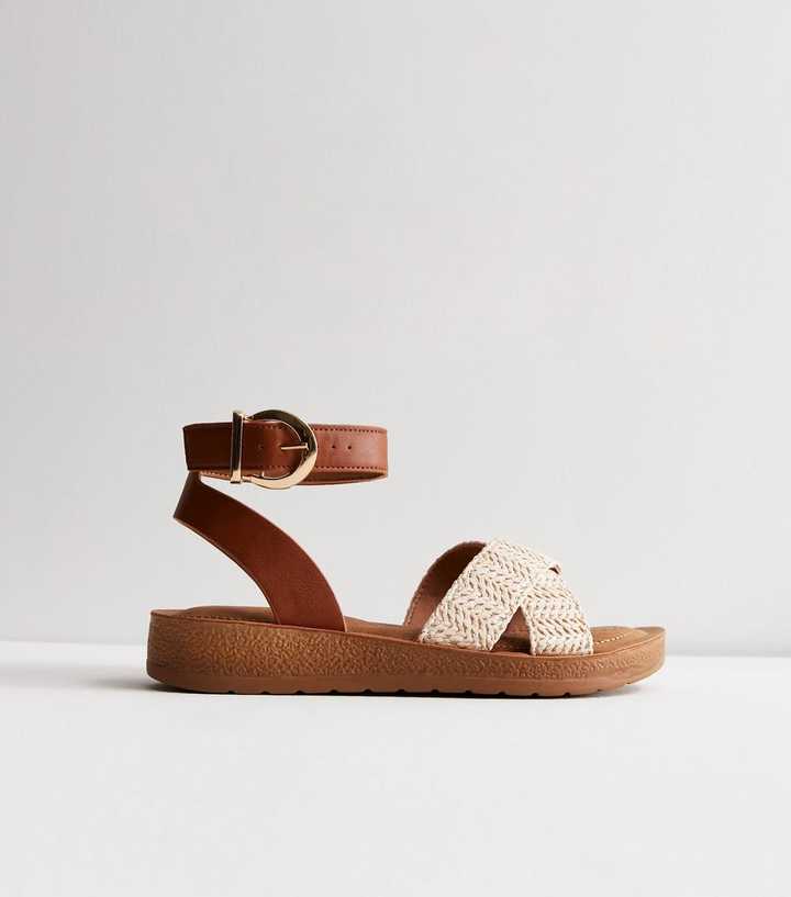 Wide Fit Tan Raffia 2 Part Chunky Sandals
