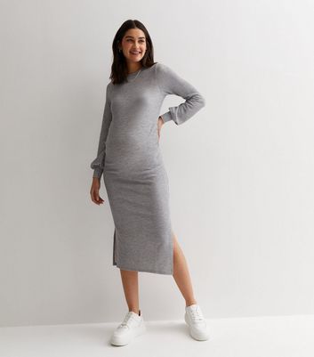Maternity Grey Ribbed Puff Sleeve Midi Dress New Look