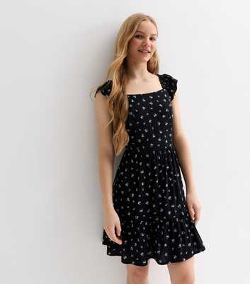 Girls Black Ditsy Print Frill Sleeve Mini Dress