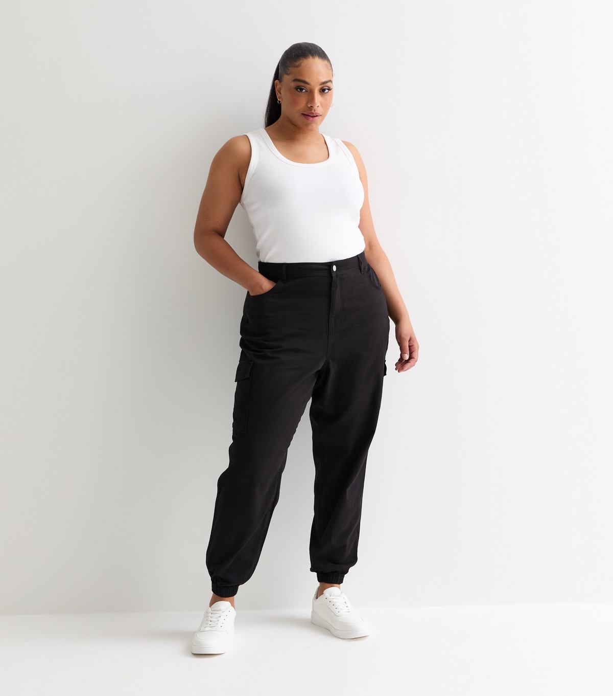 Women's Plus Size Black Cuffed Cotton Cargo Trousers Curves New Look